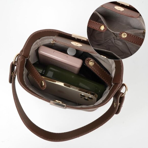 Elegant Crocodile Pattern Bucket Bag | Women’s Designer Shoulder Purse, Brown - Picture 4 of 7